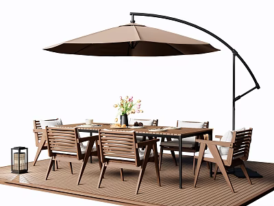Outdoor Wooden Dining Table And Chairs Set With Cantilever Umbrella Flowers And Lantern On Patio 3d model