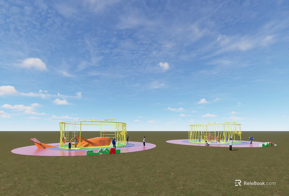 Outdoor Sports Equipment Featuring Yellow Metal Climbing Frames Slide And Kids Play Area On Grass 3d model 