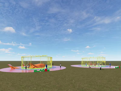 Outdoor Sports Equipment Featuring Yellow Metal Climbing Frames Slide And Kids Play Area On Grass 3d model