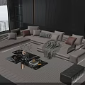 Modern Beige Sofa And Coffee Table Set With Pillows Black Marble Decor And City View