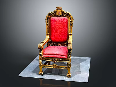 Ornate Royal Style Chair With Intricate Golden Carved Details And Red Upholstered Seat 3d model