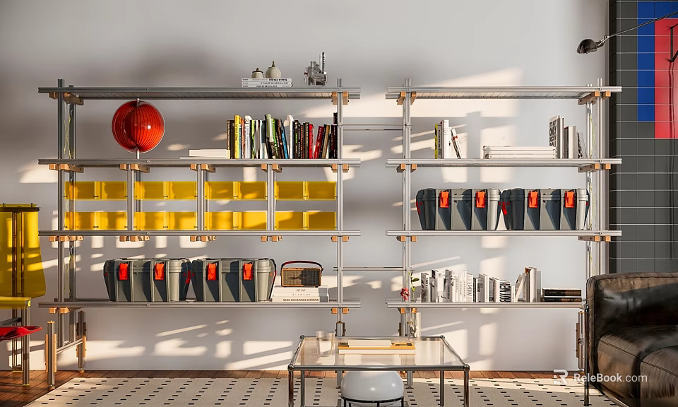 Modern Metal Storage Shelving Unit With Yellow Compartments Books Gray Boxes And Red Sphere 3d model 