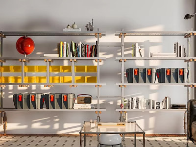 Modern Metal Storage Shelving Unit With Yellow Compartments Books Gray Boxes And Red Sphere 3d model
