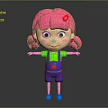 Cute Cartoon Character With Pink Hair Pigtails Red Accessory Green Top Blue Overalls Red Star