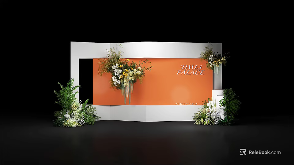 Elegant Wedding Check-in Setup With Orange Backdrop And White Frame Decorations 3d model