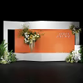 Elegant Wedding Check-in Setup With Orange Backdrop And White Frame Decorations 3d model