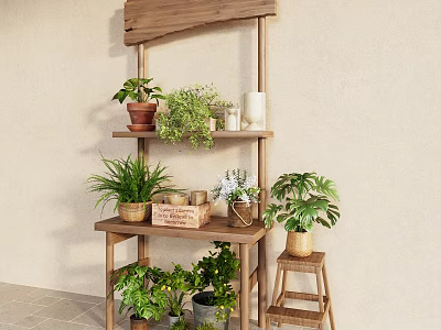 Stylish Wooden Plant Stand With Multiple Layers Green Plants Terracotta Pots Wooden Crate And Stool 3d model