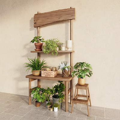 Stylish Wooden Plant Stand With Multiple Layers Green Plants Terracotta Pots Wooden Crate And Stool 3d model