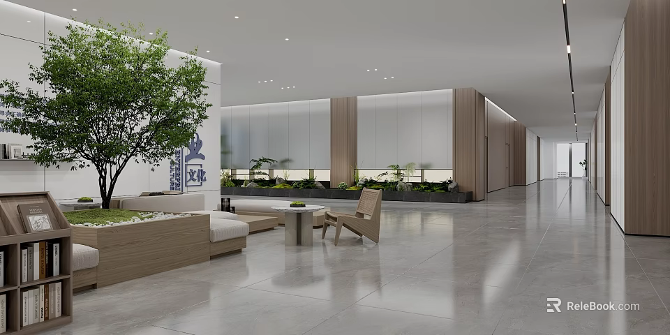 Modern Public Office Space With Open Concept Wooden Elements Green Plants And Marble Flooring 3d model 