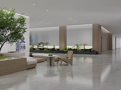Modern Public Office Space With Open Concept Wooden Elements Green Plants And Marble Flooring 3d model
