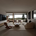 Minimalist Sofa Coffee Table Set With White Upholstery Wooden Top Mountain View And Potted Plant