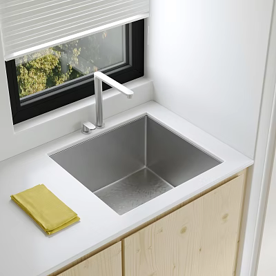 Stainless Steel Kitchen Sink With Modern Faucet On White Countertop And Wooden Cabinet 3d model