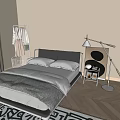 Double Bed in Modern Bedroom with Nightstand Floor Lamp Herringbone Floor and Black White Rug