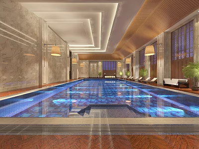 Indoor Luxurious Swimming Pool With Clear Water Marble Walls Wooden Ceiling And Lounge Chairs 3d model