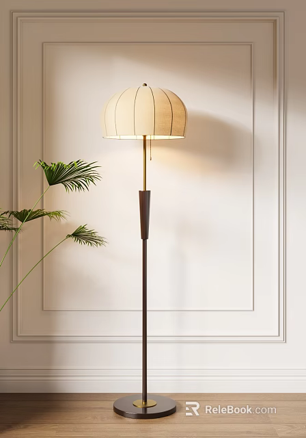 Modern Floor Lamp With Beige Fabric Shade And Dark Wooden Stand Near Green Palm Plant 3d model 