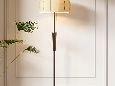 Modern Floor Lamp With Beige Fabric Shade And Dark Wooden Stand Near Green Palm Plant 3d model