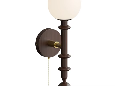 Modern Wall Lamp With White Globe Shade Dark Brown Wooden Pole And Brass Detail 3d model