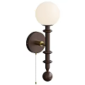 Modern Wall Lamp With White Globe Shade Dark Brown Wooden Pole And Brass Detail