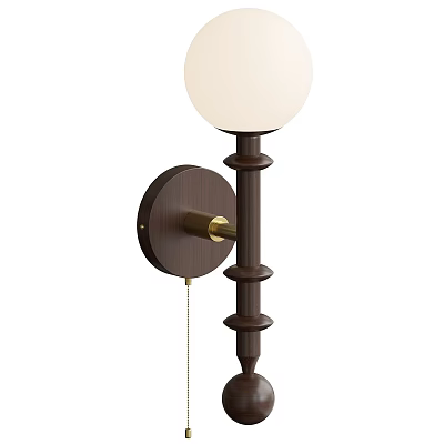 Modern Wall Lamp With White Globe Shade Dark Brown Wooden Pole And Brass Detail 3d model
