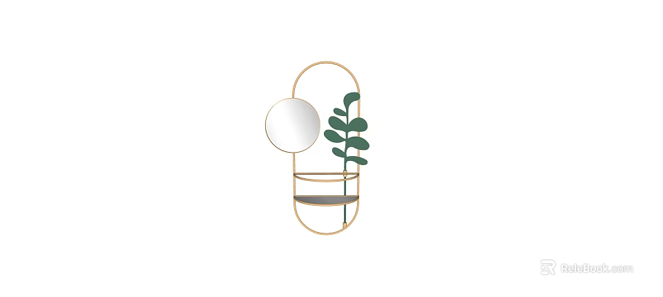 Stylish Gold Frame Mirror With Small Round Mirror And Shelf With Green Plant 3d model 