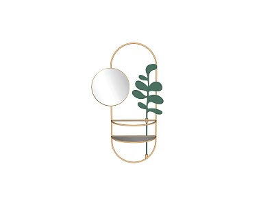 Stylish Gold Frame Mirror With Small Round Mirror And Shelf With Green Plant 3d model