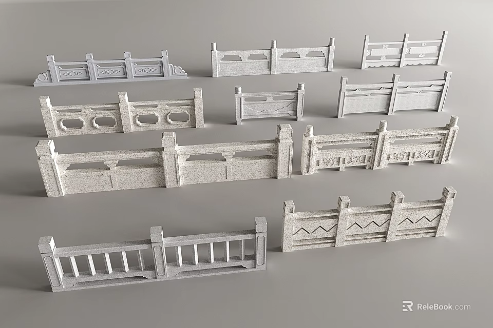 Various Decorative Stone Fences With Different Architectural Patterns And Styles 3d model