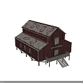Red Barn Building With Rusted Metal Roof Wooden Structure And Maltese Cross Sign