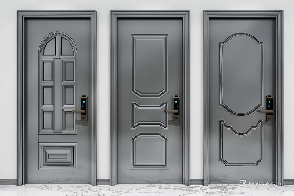 Modern Flush Doors With Intricate Panel Patterns Durable Metal Finish And Secure Lock Handles 3d model