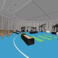 Gym Interior With Blue Floor Various Fitness Equipment Workout Area And Rest Seating