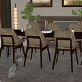 Dining Table Set with Wooden Top Beige Chairs Green Plants and Area Rug