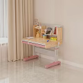Adjustable Height Wooden Kids Desk With Bookshelf Chair And Stationery In Bright Room