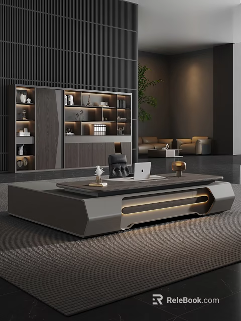 Modern Office Desk With Wooden Metal Design Laptop LED Lighting Bookcase And Sofa 3d model 