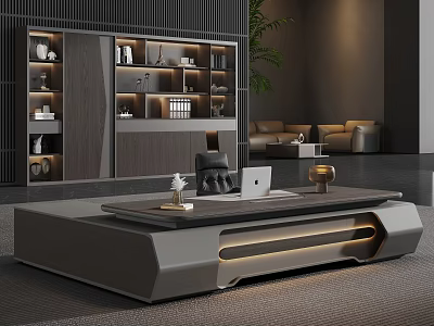 Modern Office Desk With Wooden Metal Design Laptop LED Lighting Bookcase And Sofa 3d model