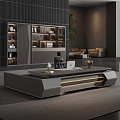 Modern Office Desk With Wooden Metal Design Laptop LED Lighting Bookcase And Sofa