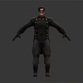 Stylized 3D Character In Dark Uniform With Yellow Buttons And Black Gloves Standing