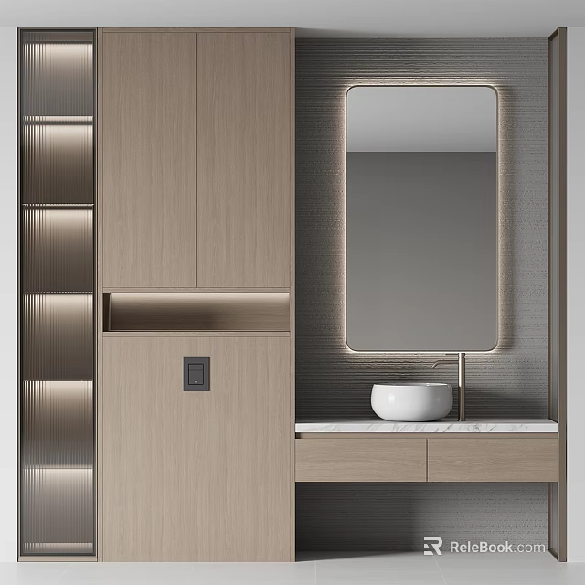 Elegant Modern Bathroom Vanity With Wooden Cabinet Marble Countertop And Mirror 3d model 