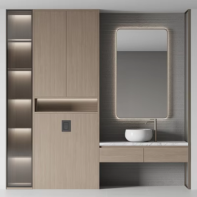 Elegant Modern Bathroom Vanity With Wooden Cabinet Marble Countertop And Mirror 3d model