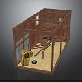Wooden Barn Structure With Red Walls Staircase Hay Bales And Barrels