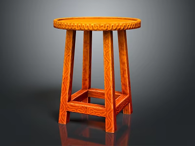 Orange Wooden Stool With Round Seat And Intricate Carved Patterns Design 3d model
