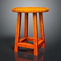Orange Wooden Stool With Round Seat And Intricate Carved Patterns Design