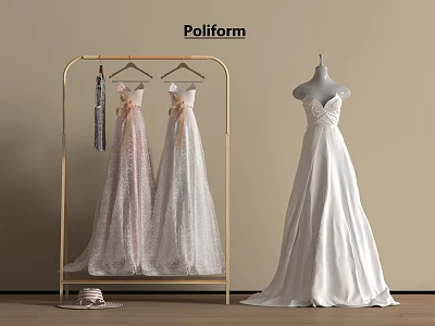 Elegant Long Dresses On Golden Hanger Rack With Mannequin White Dress And Pink Shoes 3d model