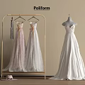 Elegant Long Dresses On Golden Hanger Rack With Mannequin White Dress And Pink Shoes