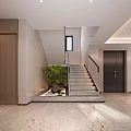 Modern Entrance Hall With Staircase Green Plant Marble Floor And Wooden Doors
