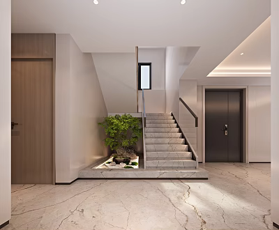 Modern Entrance Hall With Staircase Green Plant Marble Floor And Wooden Doors 3d model
