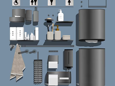 Essential Modern Bathroom Accessories With Soap Dispenser Shelf Towel And Toilet Brush 3d model