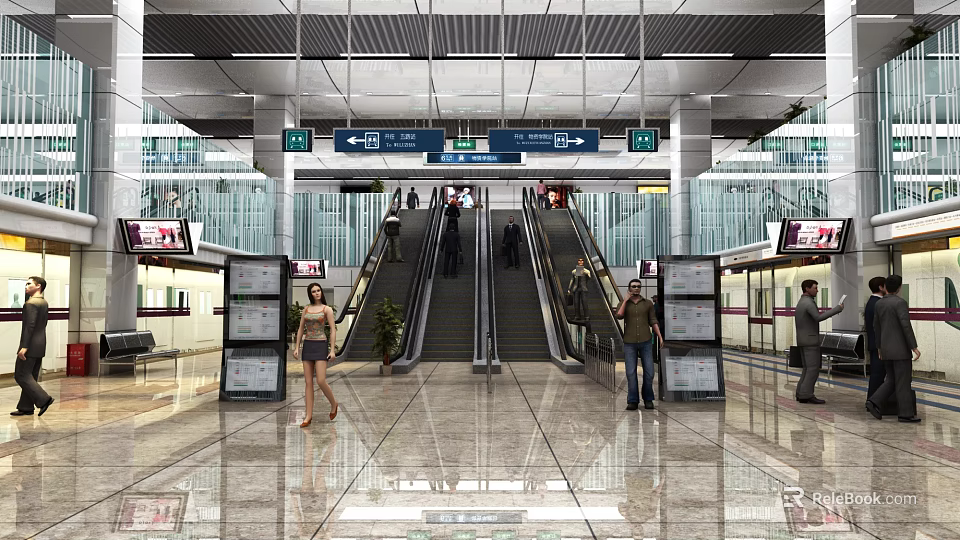 Modern Station Lobby With Escalators Directional Signs And Pedestrians Walking 3d model 