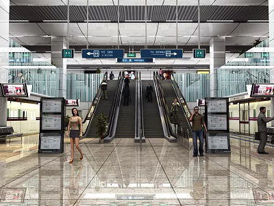 Modern Station Lobby With Escalators Directional Signs And Pedestrians Walking 3d model