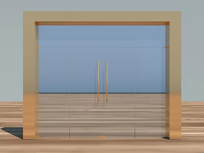 Modern Glass Door With Golden Frame Wooden Floor And Blue Background 3d model