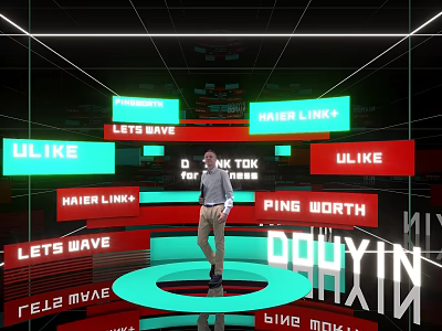 Neon Lit Photo Check In Spot With Brand Signs And Circular Platform 3d model