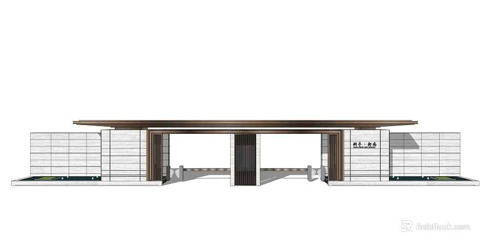 Traditional Chinese Entrance Gate With Wooden Structure And Symmetric White Wall Design 3d model 